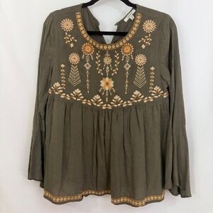 JodiFl Womens Olive Green Bell Sleeve Embroidered Tunic‎ Top Small Boho
